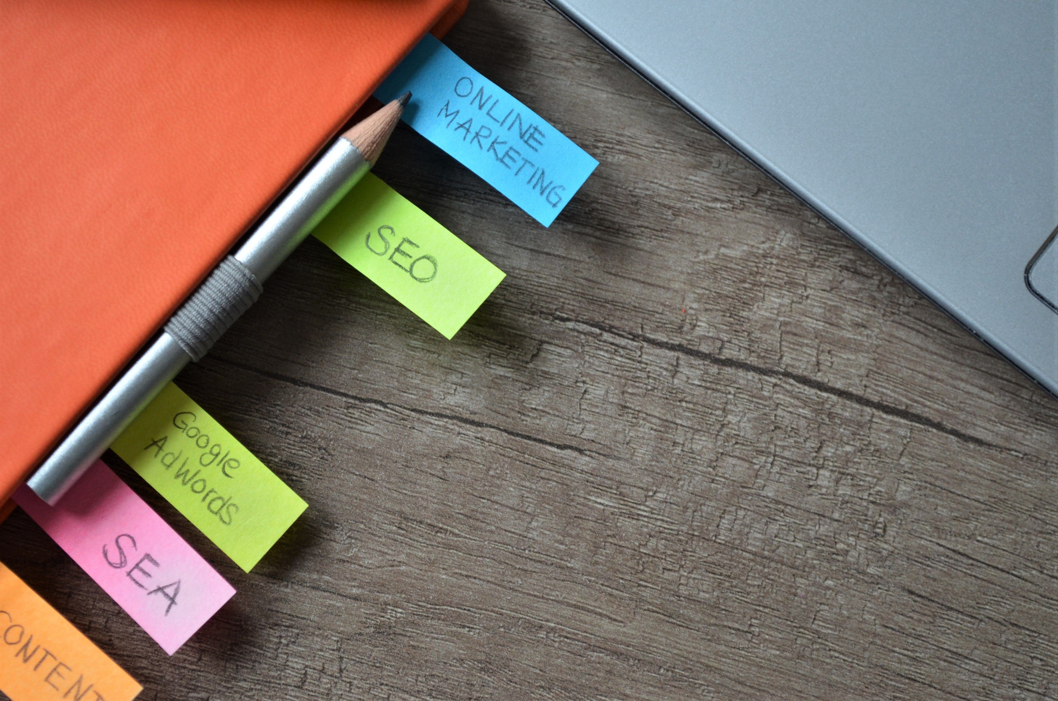 Online marketing notes arranged beside a laptop